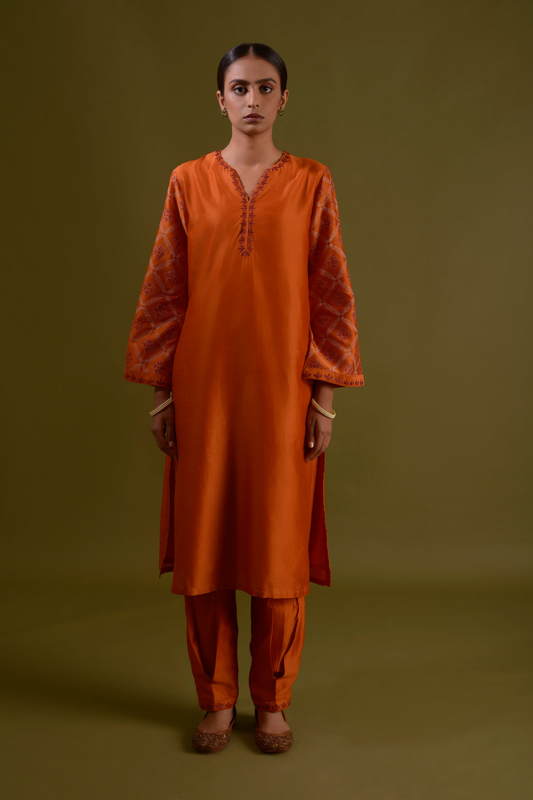 ARUNI Burnt Orange Chanderi Silk Hand Embroidered Kurta Set With Printed Sleeves