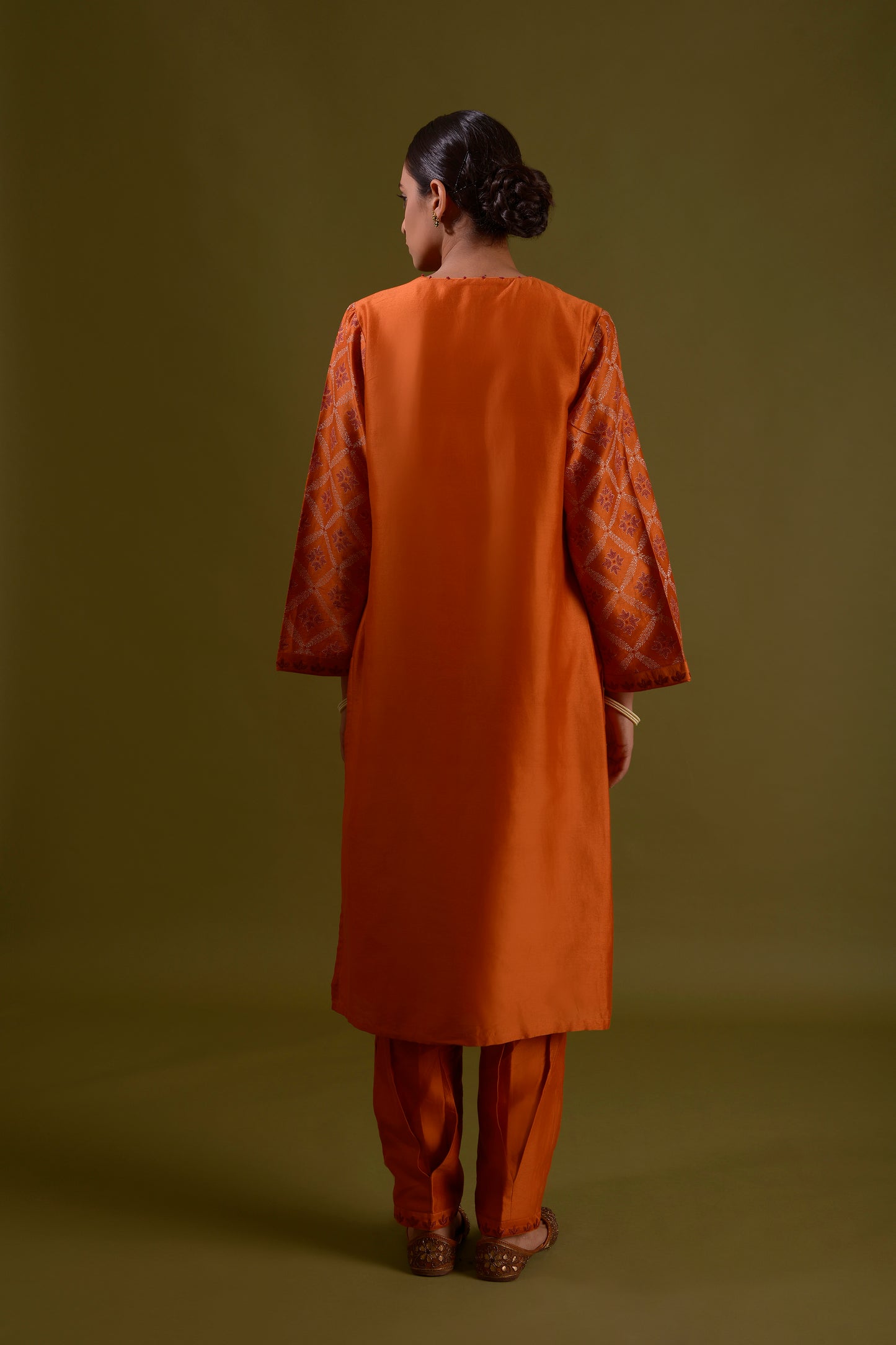 ARUNI Burnt Orange Chanderi Silk Hand Embroidered Kurta Set With Printed Sleeves