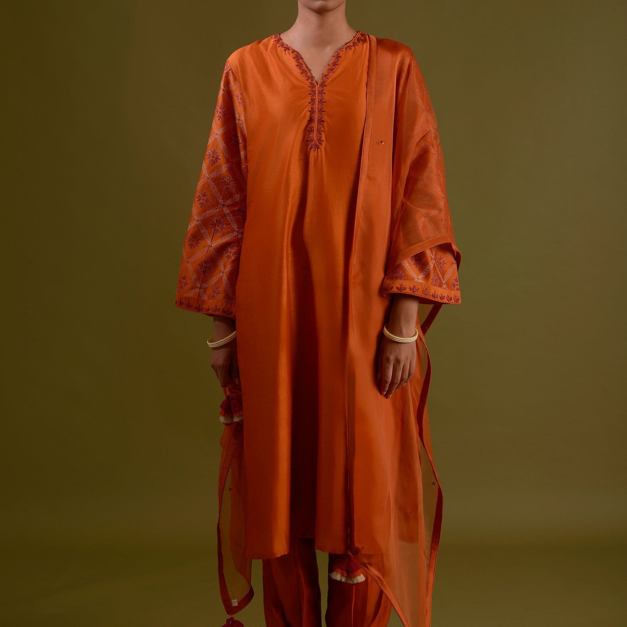 ARUNI Burnt Orange Chanderi Silk Hand Embroidered Kurta Set With Printed Sleeves