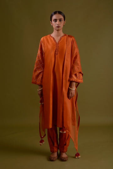 ARUNI Burnt Orange Chanderi Silk Hand Embroidered Kurta Set With Printed Sleeves