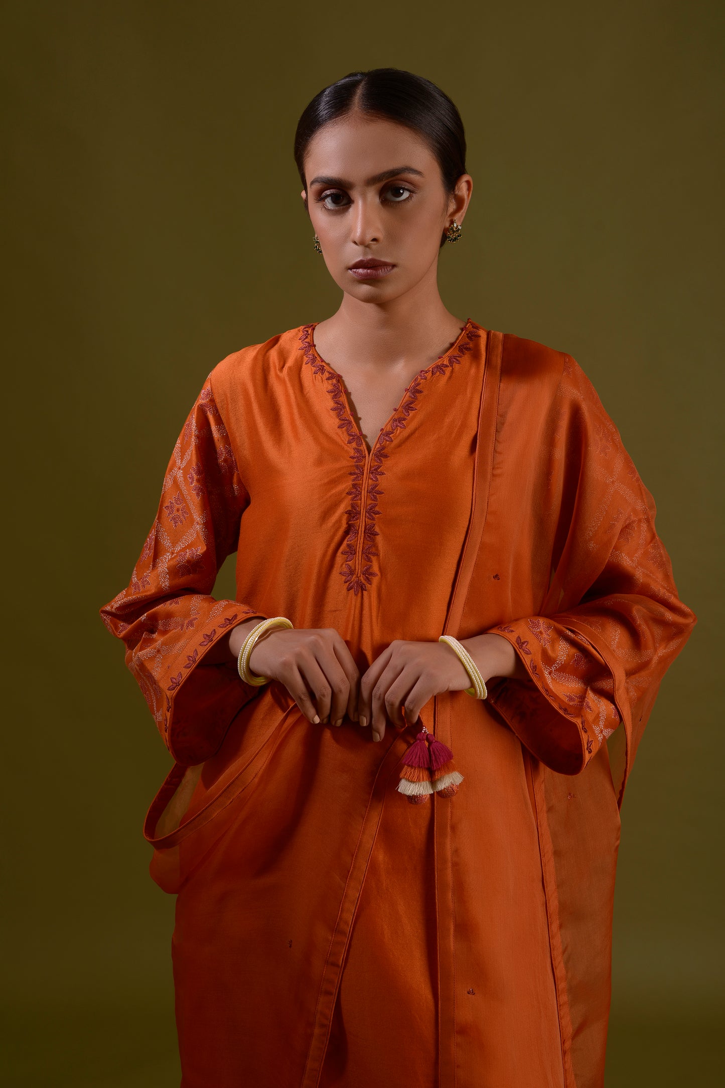 ARUNI Burnt Orange Chanderi Silk Hand Embroidered Kurta Set With Printed Sleeves