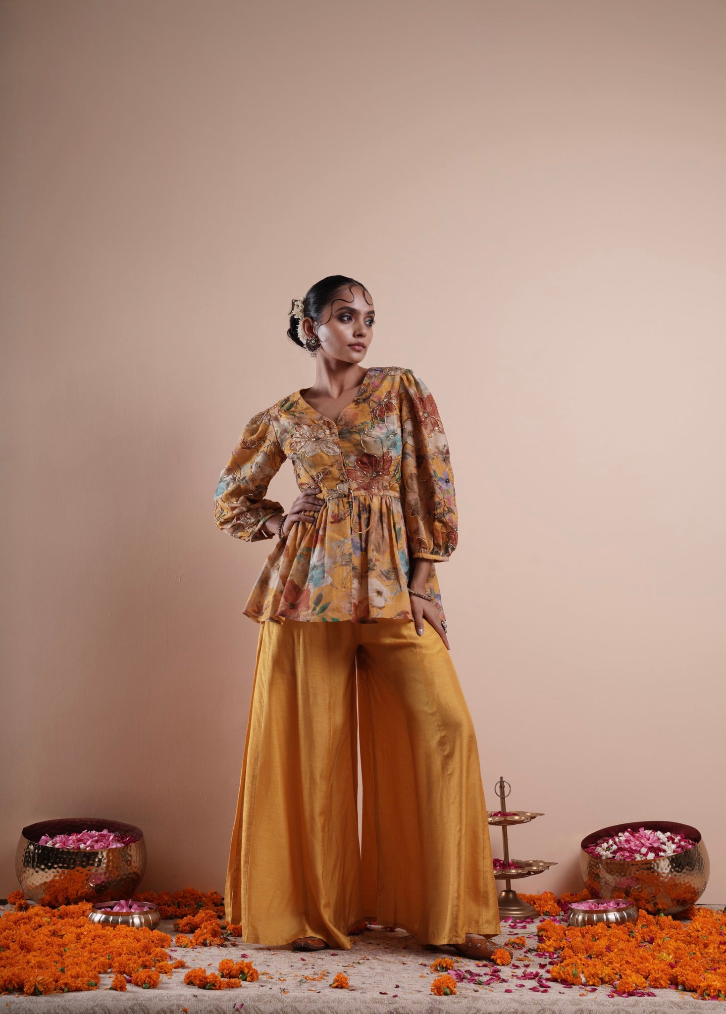 Yellow Gulistaan Peplum Blouse With Kalidaar Palazzo & Zardozi Work