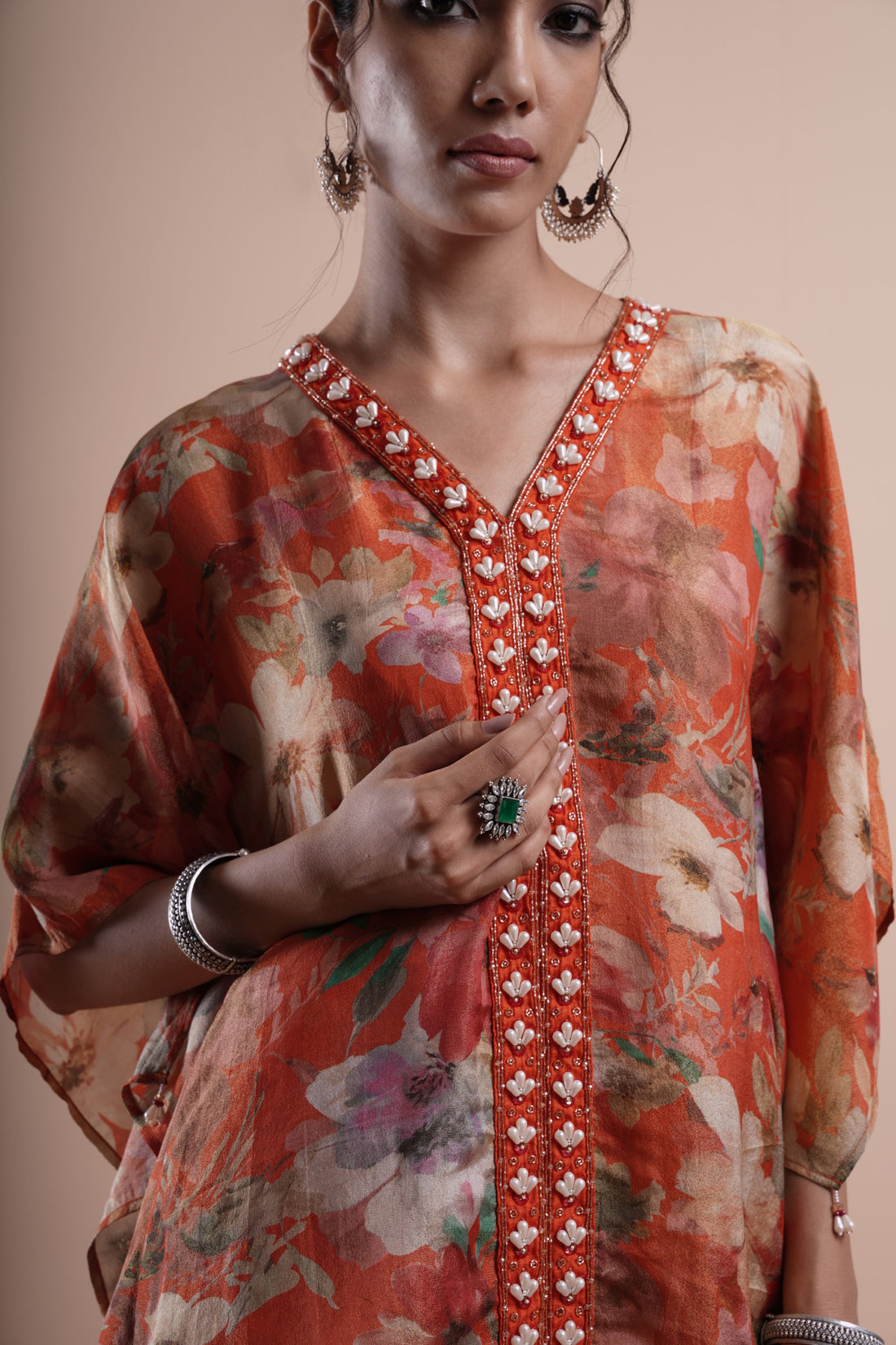 Orange Gulistaan Kaftan With Kalidaar Palazzo & Pearl Embroidery