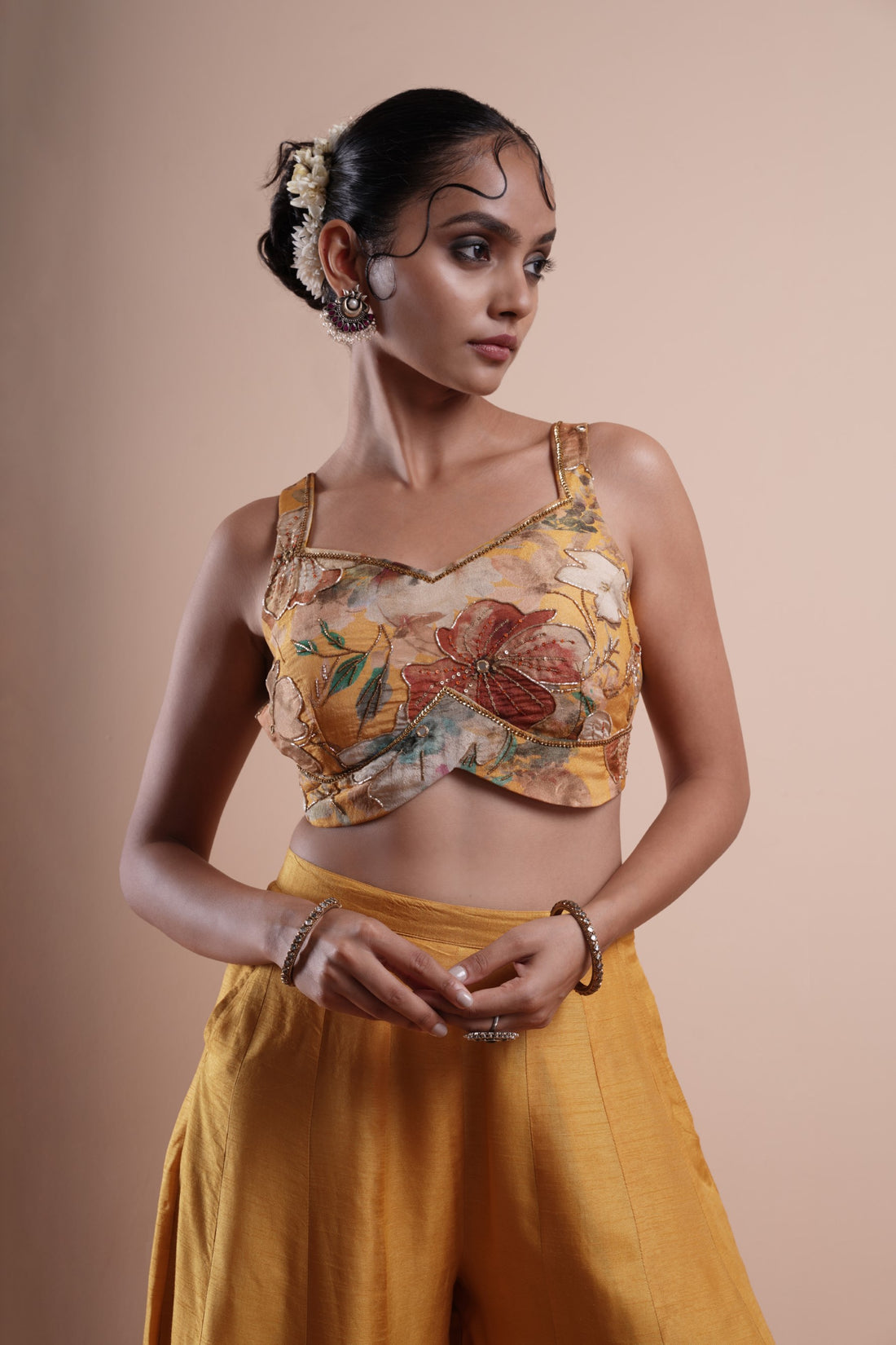 Yellow Gulistaan Peplum Blouse With Kalidaar Palazzo & Zardozi Work