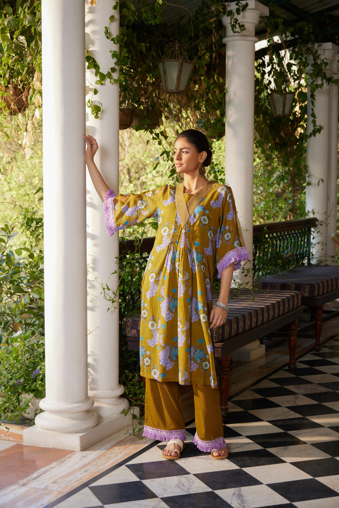 Mustard & Lilac Morni Box Pleated Kurta with Kantha work on Neckline , Palazzo & Slip - Set of 3