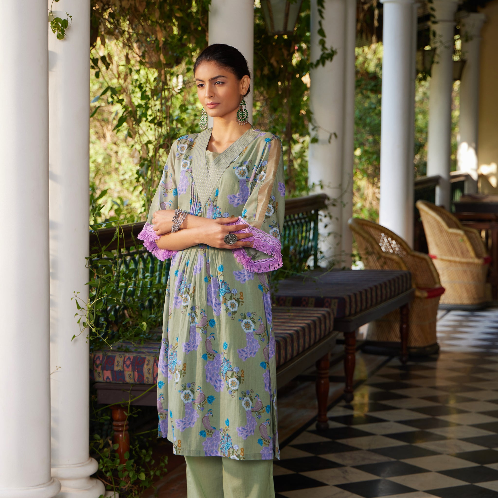 Pista & Lilac Morni Box Pleated Kurta with Kantha work on Neckline , Palazzo & Slip - Set of 3