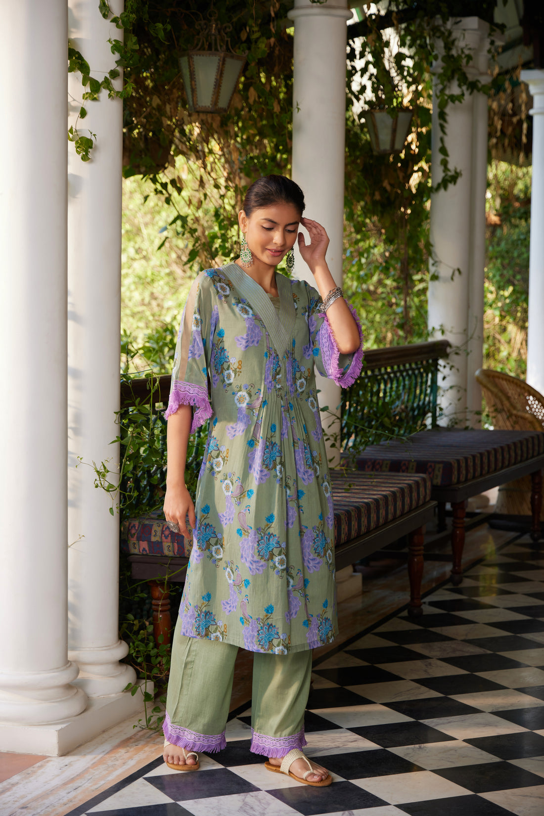 Pista & Lilac Morni Box Pleated Kurta with Kantha work on Neckline , Palazzo & Slip - Set of 3