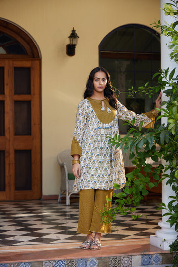 Cream & Mustard Manjari Front Tie-Up Gathered A-Line Kurta with Palazzo & Slip - Set of 3