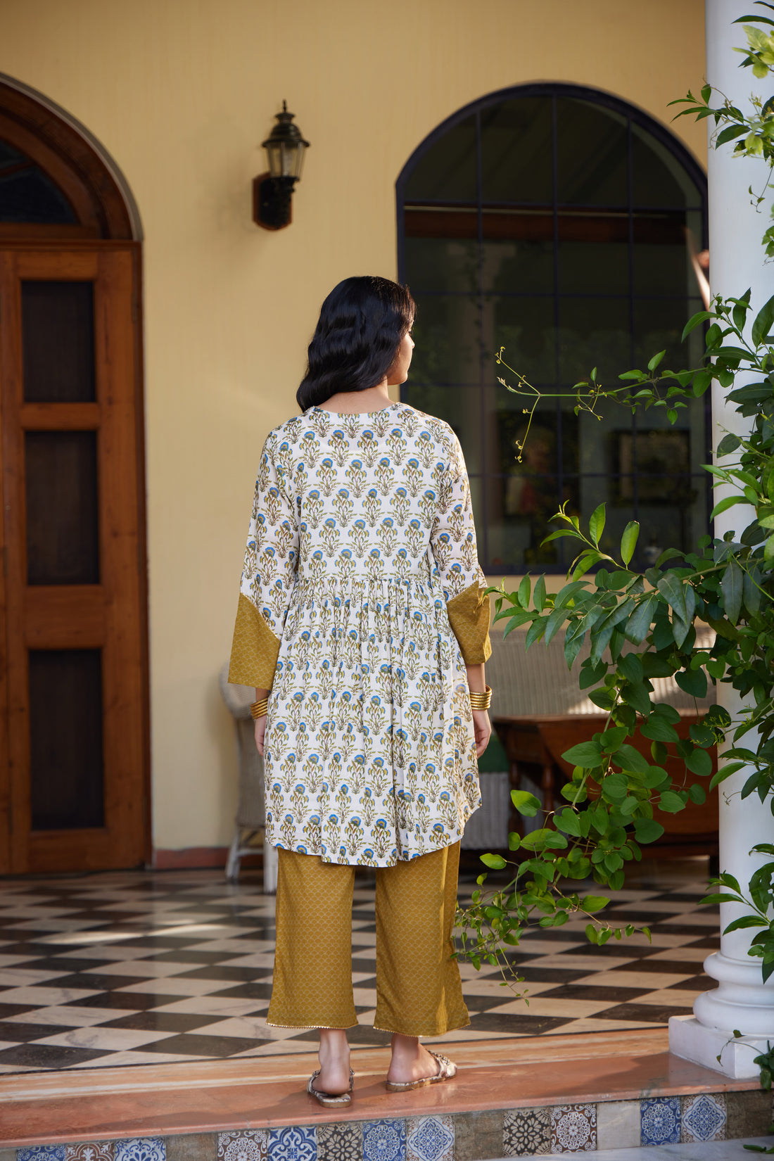 Cream & Mustard Manjari Front Tie-Up Gathered A-Line Kurta with Palazzo & Slip - Set of 3