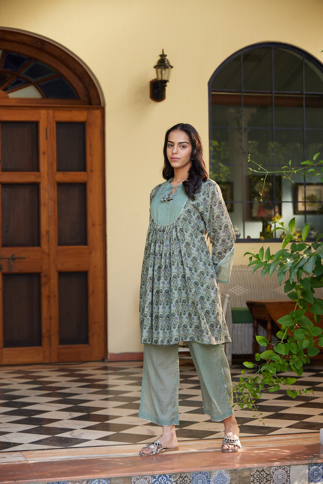 Pista Manjari Front Tie-Up Gathered A-Line Kurta with Palazzo & Slip - Set of 3