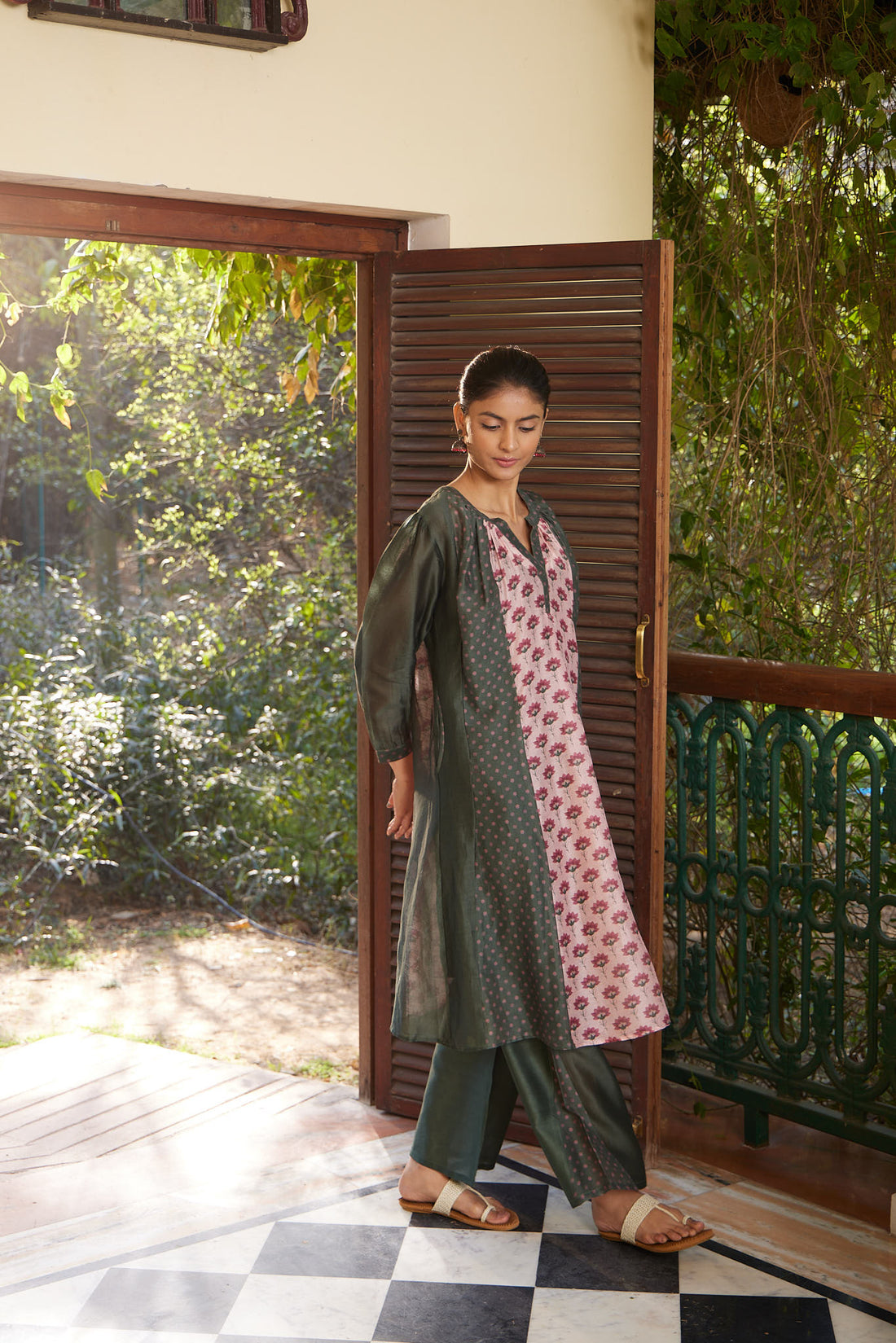 Military Green & Blush Pink Toral Paneled A-Line Kurta with Palazzo Pant & Slip - Set of 3