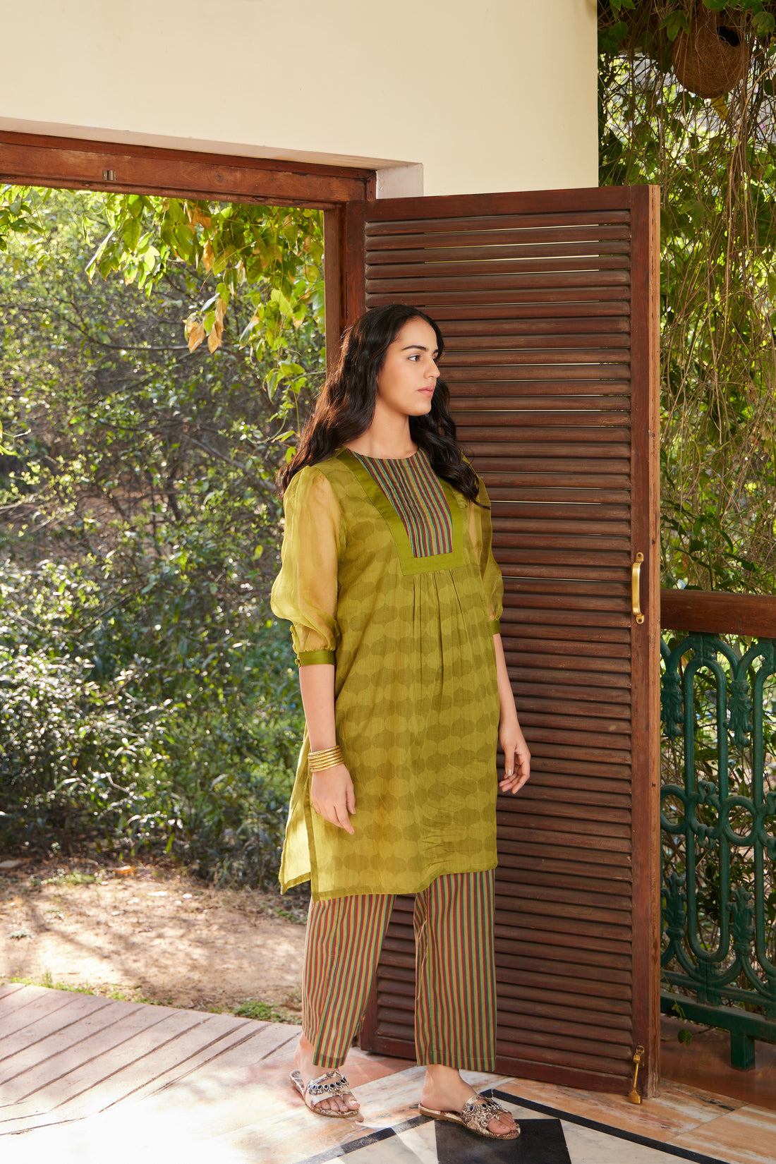 Green Pintuck Yolk Kurta With Multicolor Stripes Palazzo - Set of 3