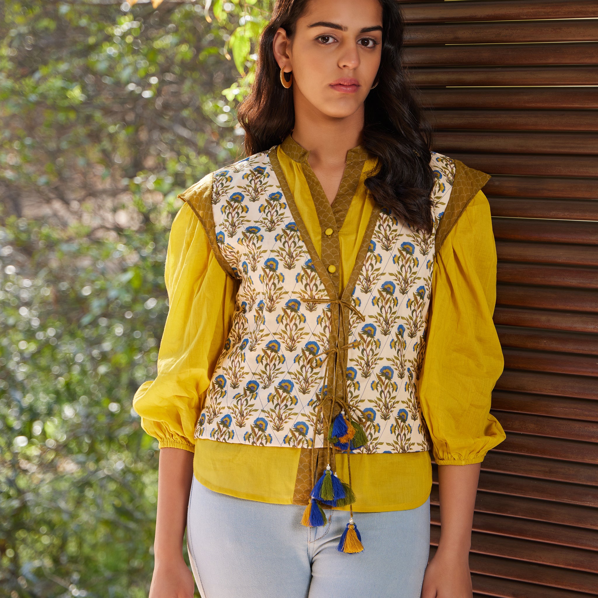 Cream & Yellow Manjari Front Tie-up Summer jacket with button down shirt - Set of 2