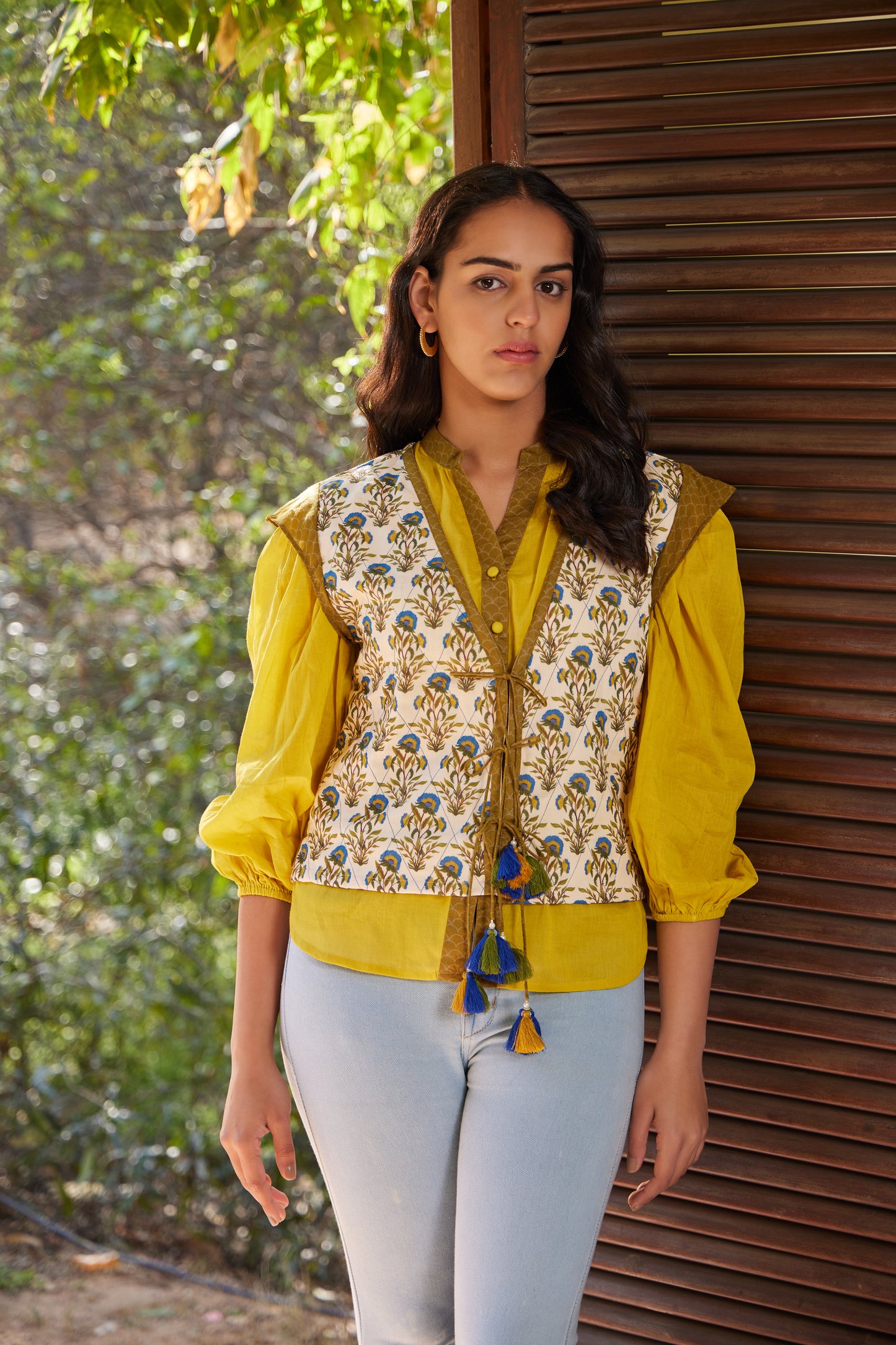 Cream & Yellow Manjari Front Tie-up Summer jacket with button down shirt - Set of 2