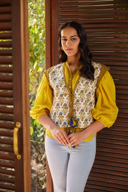 Cream & Yellow Manjari Front Tie-up Summer jacket with button down shirt - Set of 2