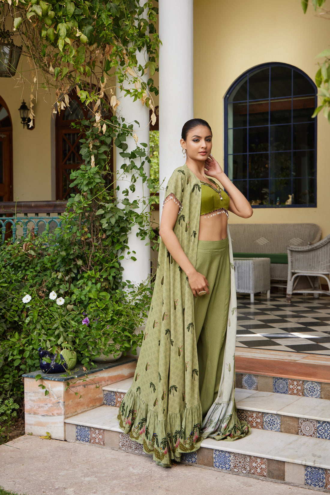 Green Mayur Ka Bagh Long Cape with Kalidaar Palazzo & Printed Pintuck Bustier - Set of 3