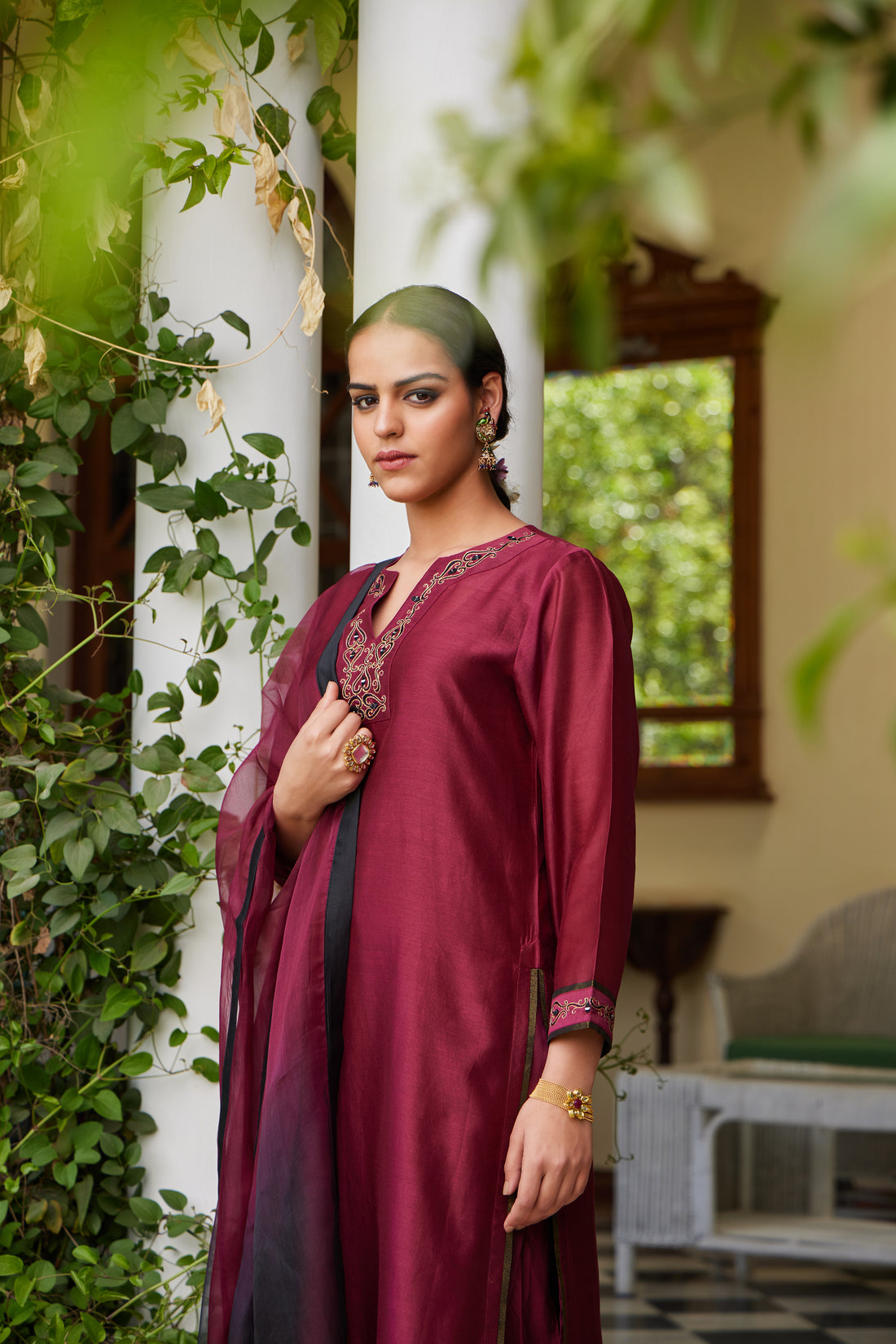 Maroon Mirror embroidered Straight Kurta with Chooridaar, Ombre dupatta & slip - Set of 4