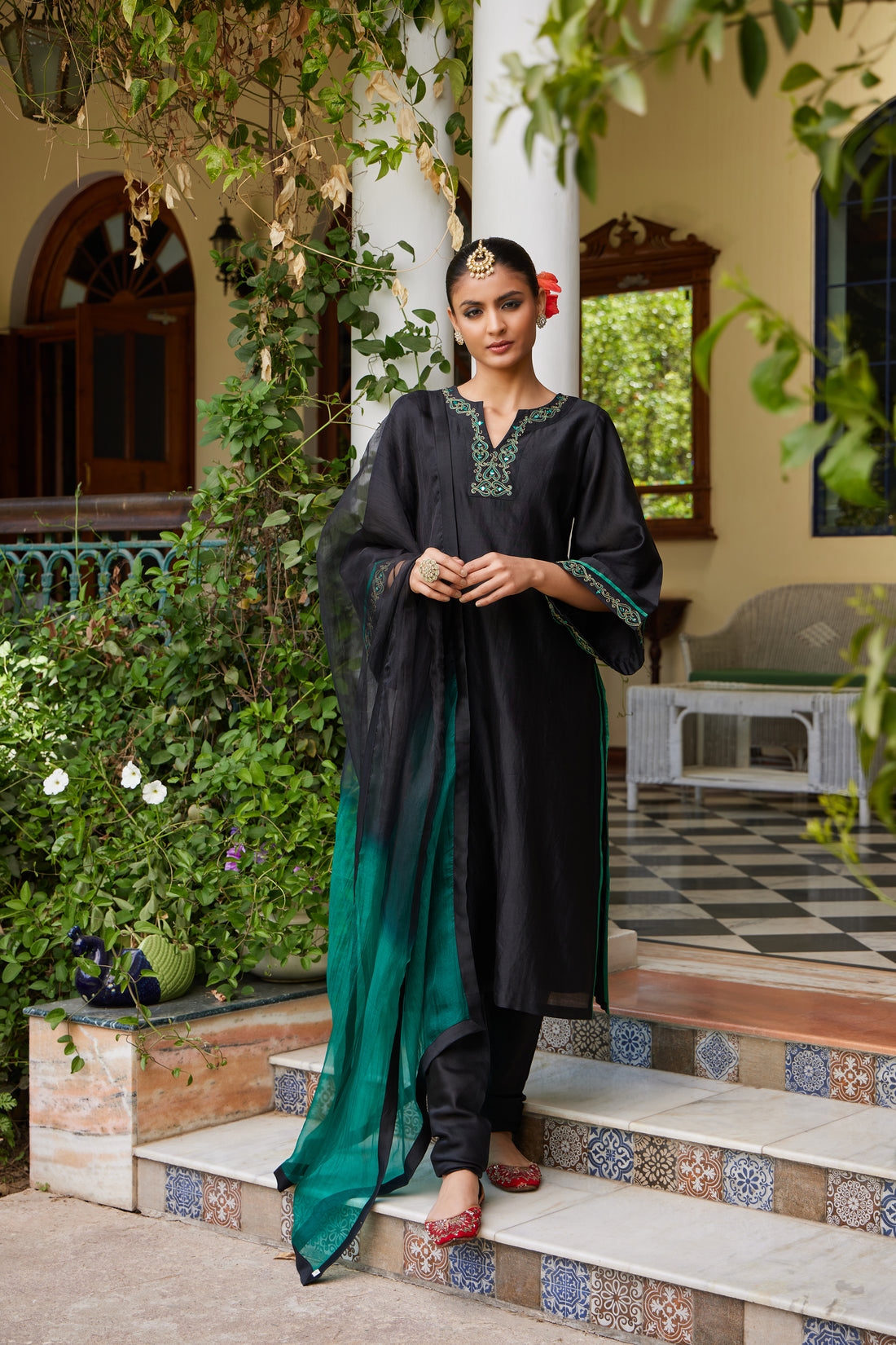 Black Mirror embroidered Straight Kurta with Bell Sleeves, Chooridaar, Ombre dupatta & slip - Set of 4