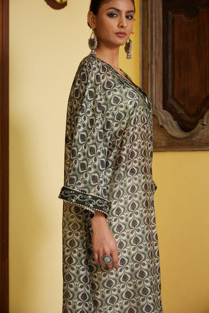 Green Mayur Pankh Mirror embroidered Kaftaan with Palazzo & Bustier