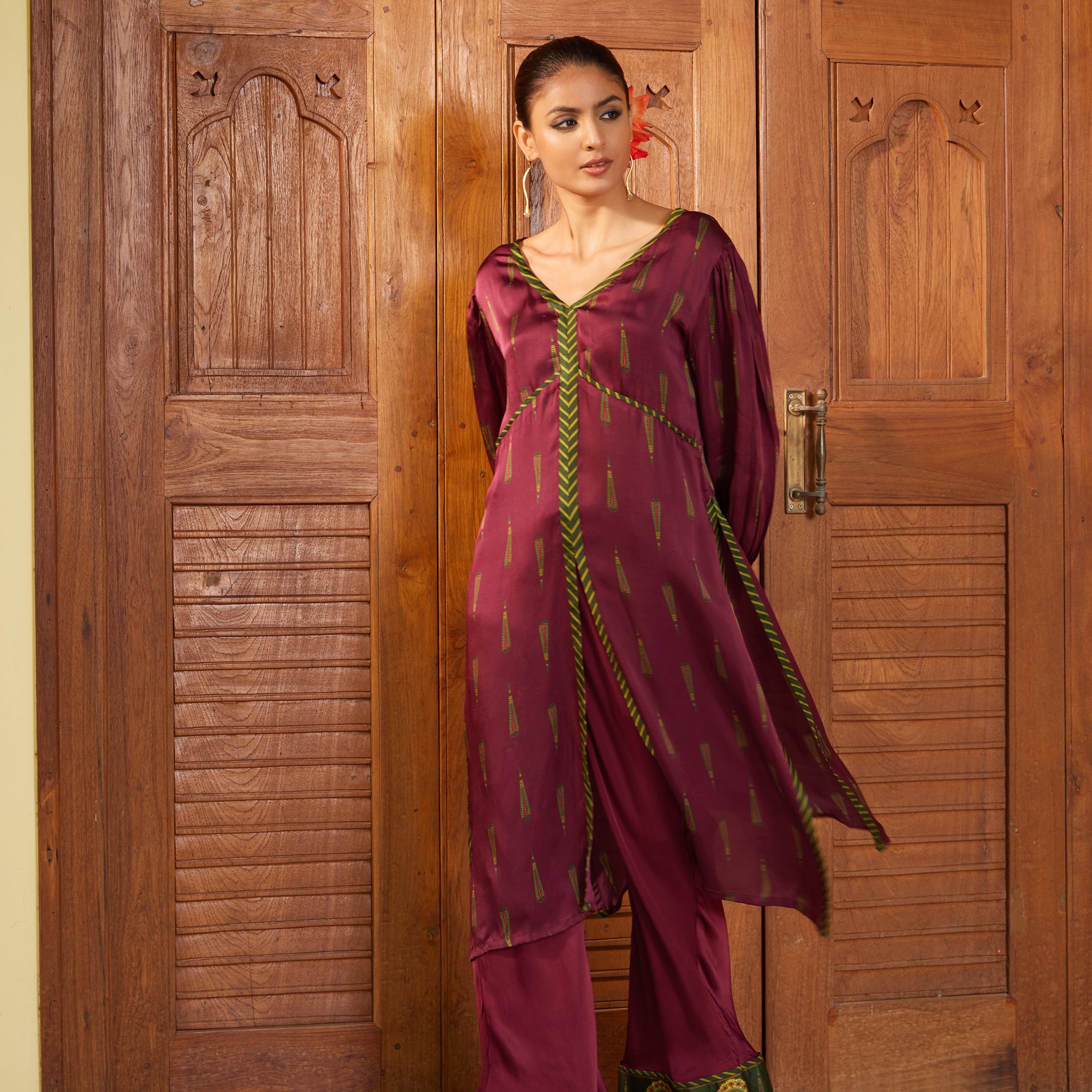 Maroon Boota High Slit Straight Kurta with Palazzo - Set of 2