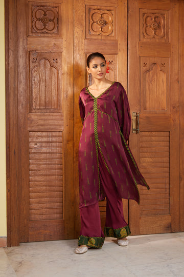 Maroon Boota High Slit Straight Kurta with Palazzo - Set of 2