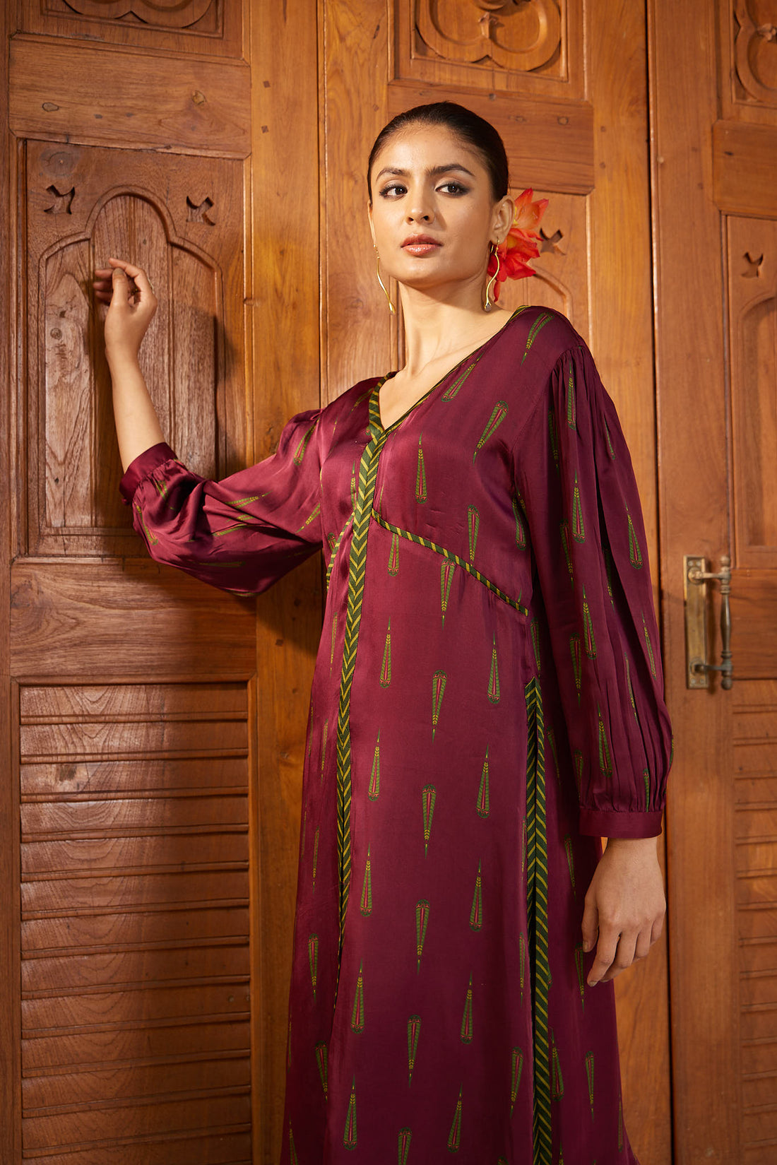 Maroon Boota High Slit Straight Kurta with Palazzo - Set of 2