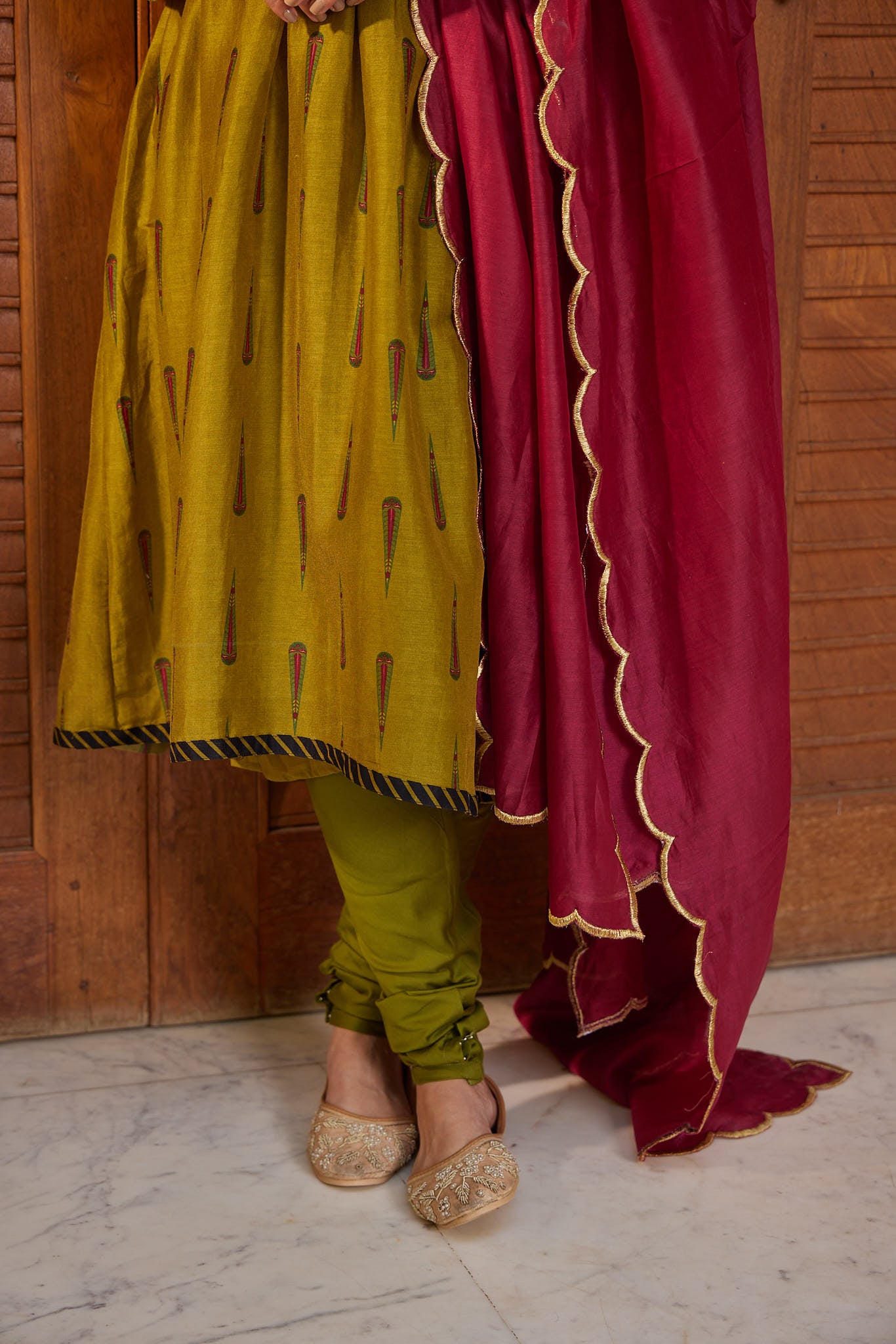 Boota Pitta Embroidery Gathered Kurta with Chooridaar, wide scallop dupatta & slip - Set of 4