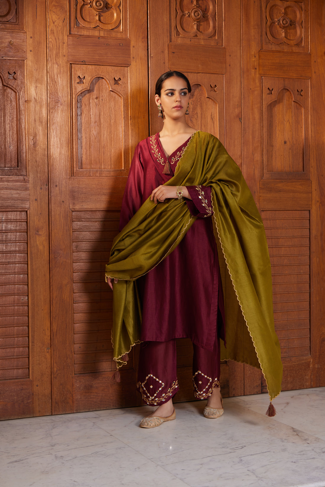 Maroon & Green Mirror embroidery Straight Kurta with Bell Sleeves, Rounded Hem Palazzo, scallop dupatta - Set of 3