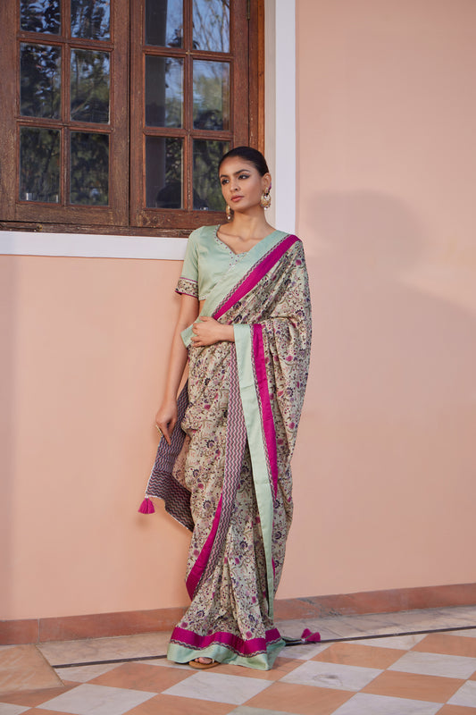 Mint Green Anar Jaal Tri Border Saree with Embroidered Choli - Set of 2
