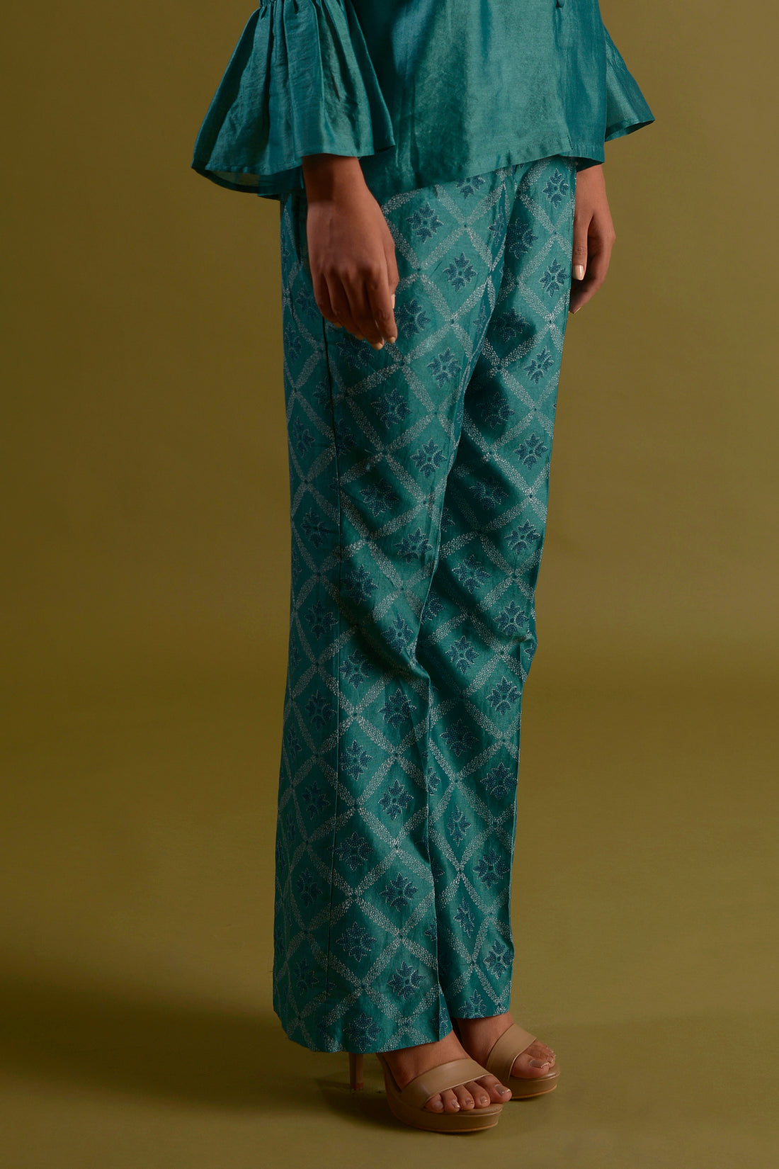 ROHINI PANTS Teal Green Chanderi Silk Hand Block Printed Flared Pants