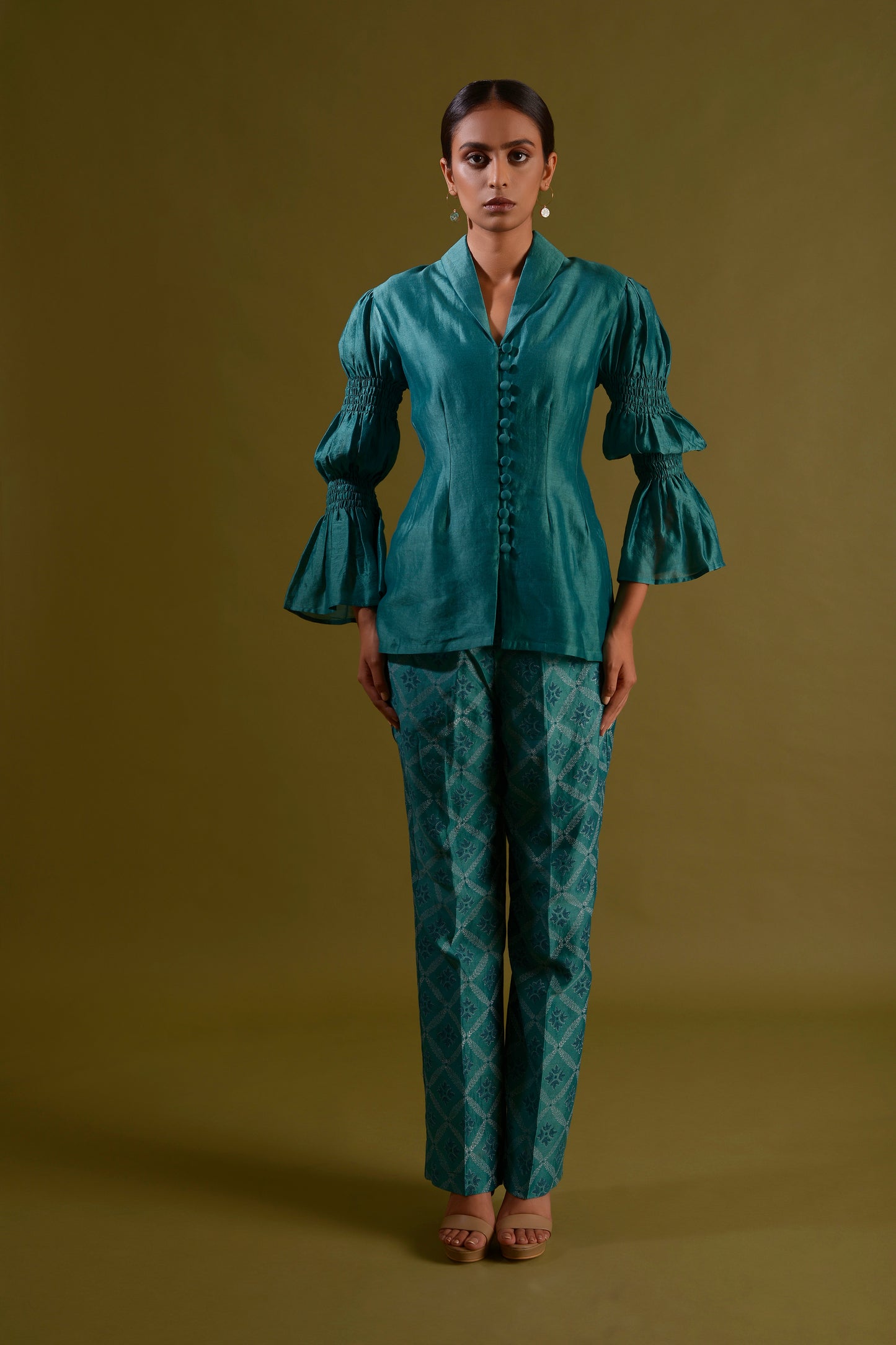 ROHINI Teal Green Button Down Co-ord With Marie Sleeves