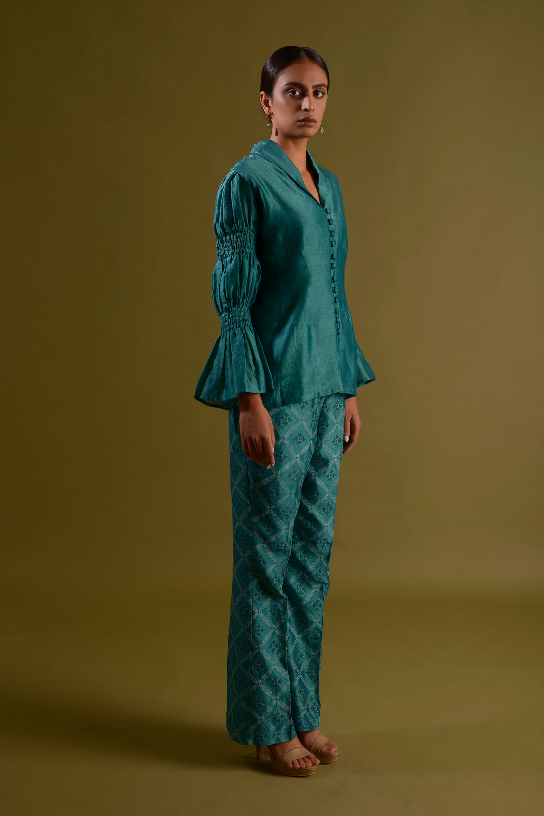 ROHINI Teal Green Button Down Co-ord With Marie Sleeves