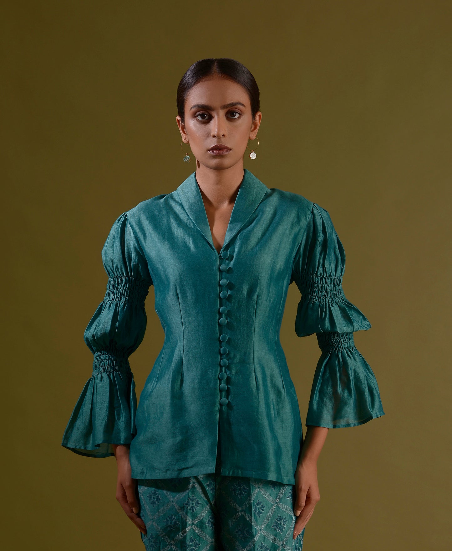 ROHINI Teal Green Chanderi Silk Button Down Top With Marie Sleeves