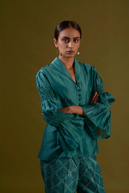 ROHINI Teal Green Chanderi Silk Button Down Top With Marie Sleeves