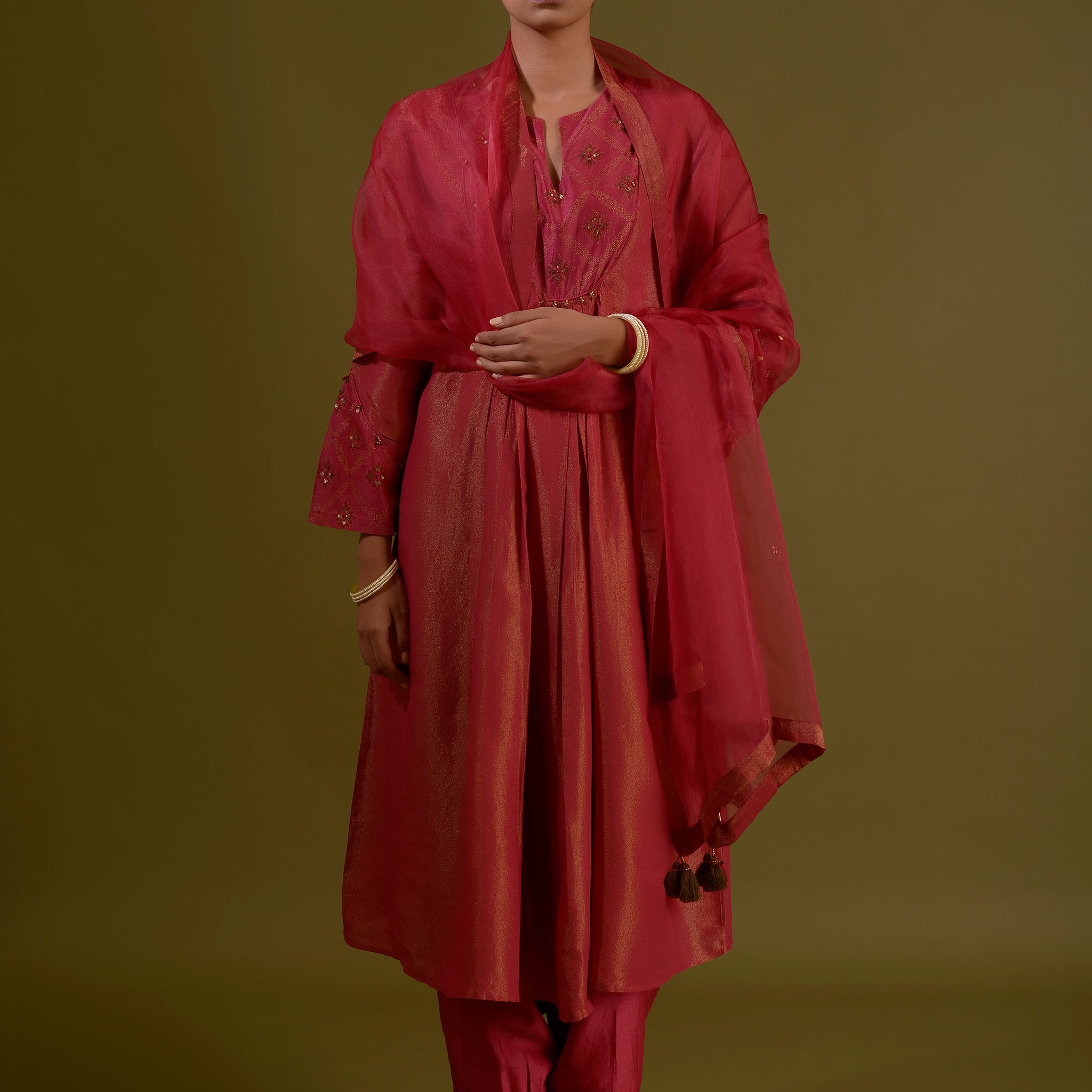 RUCHIRA Magenta Gold Tissue Crepe Embroidered Kurta Set With Printed Yolk