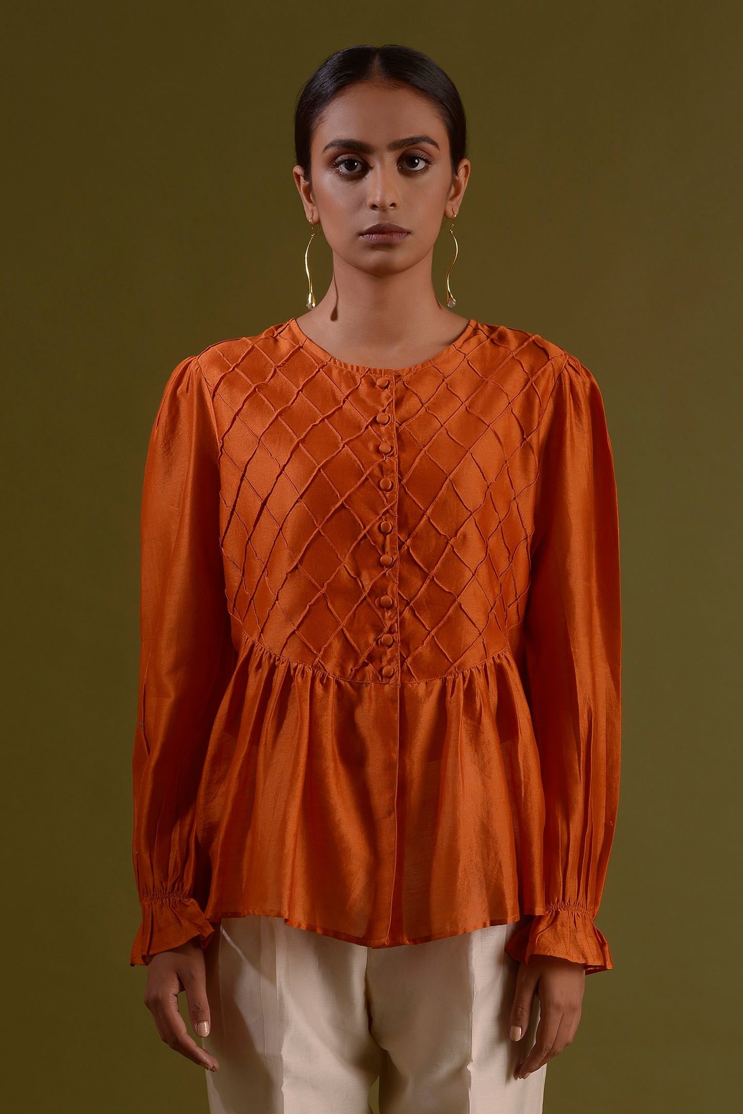 TARANGITA Burnt Orange Chanderi Silk Button Down Top With Cross Pleated Bodice