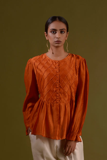 TARANGITA Burnt Orange Chanderi Silk Button Down Top With Cross Pleated Bodice
