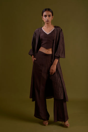 YAMI Brown Habotai Silk Co-ord With Printed Jacket