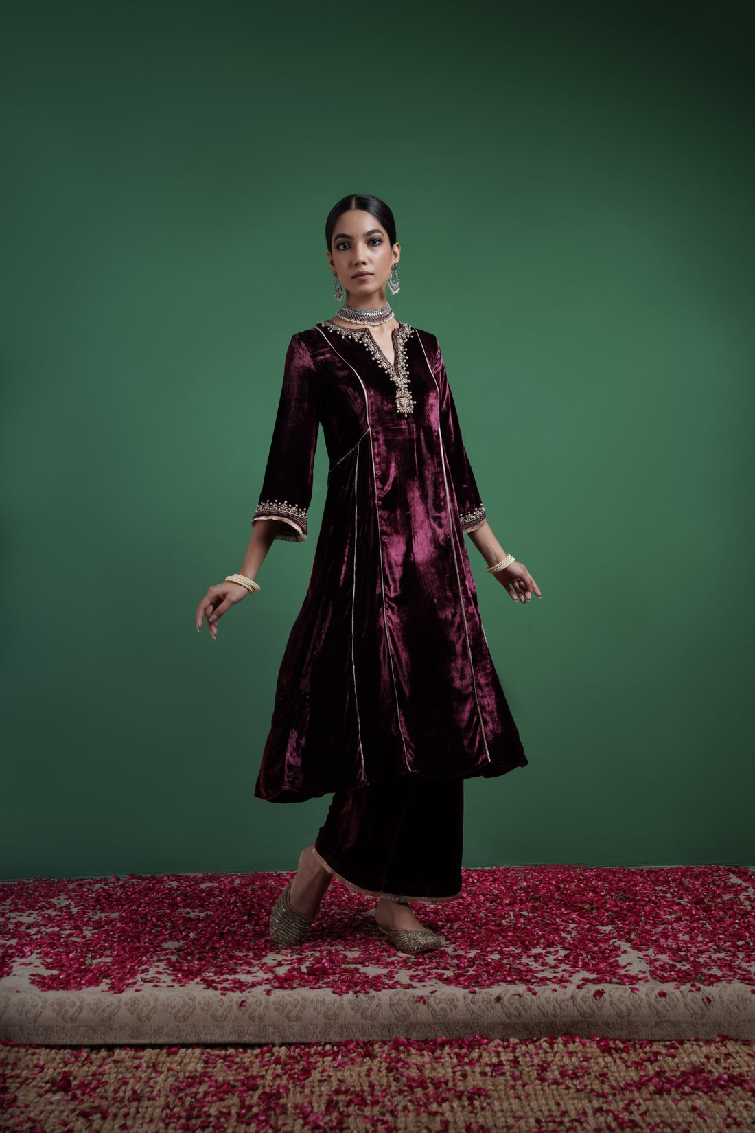 Mehboob Silk Velvet Kalidaar Kurta Set With Zardozi Work