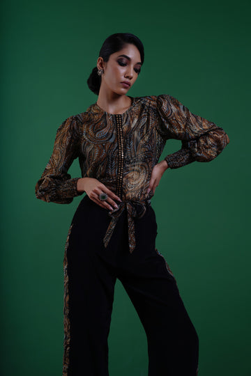 Taal Embroidered Button Down Shirt With Flare Pants & Belt