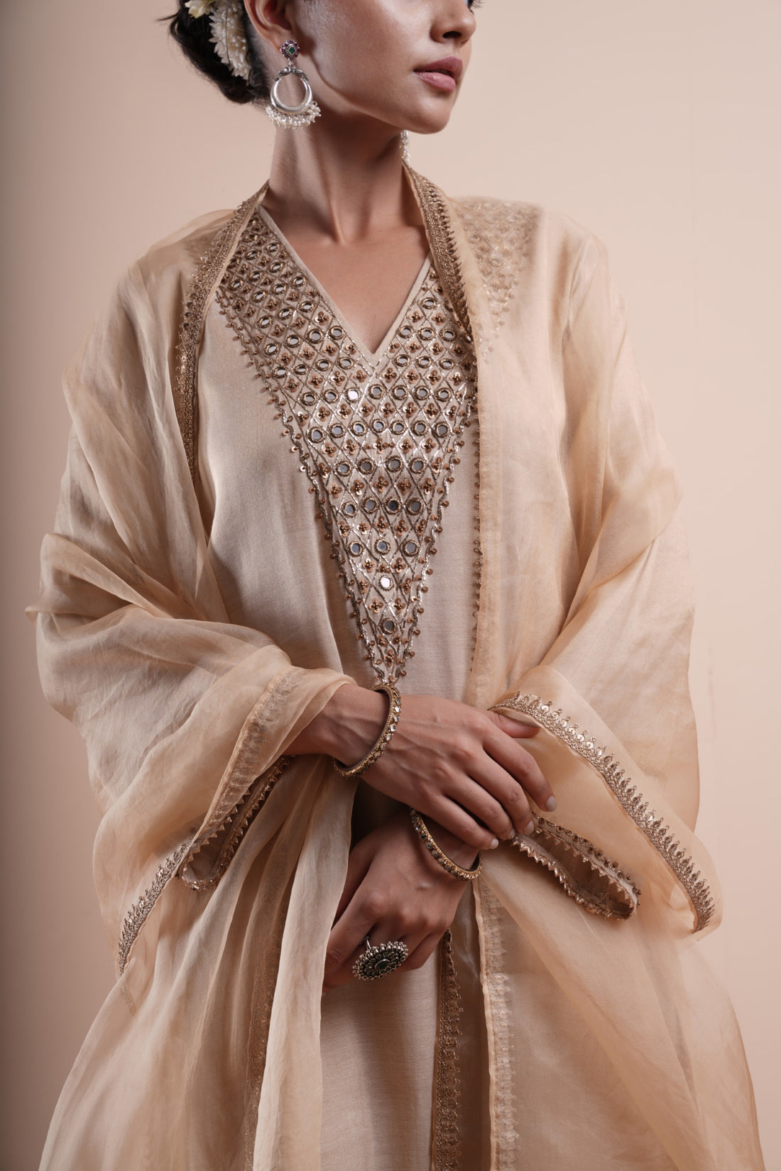 Beige Raabta Mirror Work Kurta Set