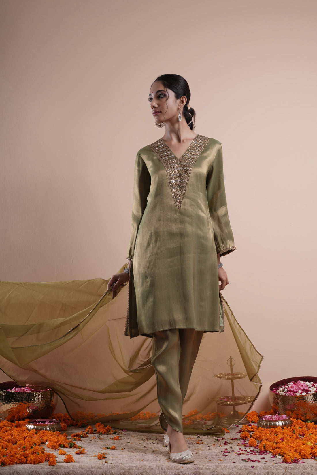 Green Raabta Mirror Work Kurta Set