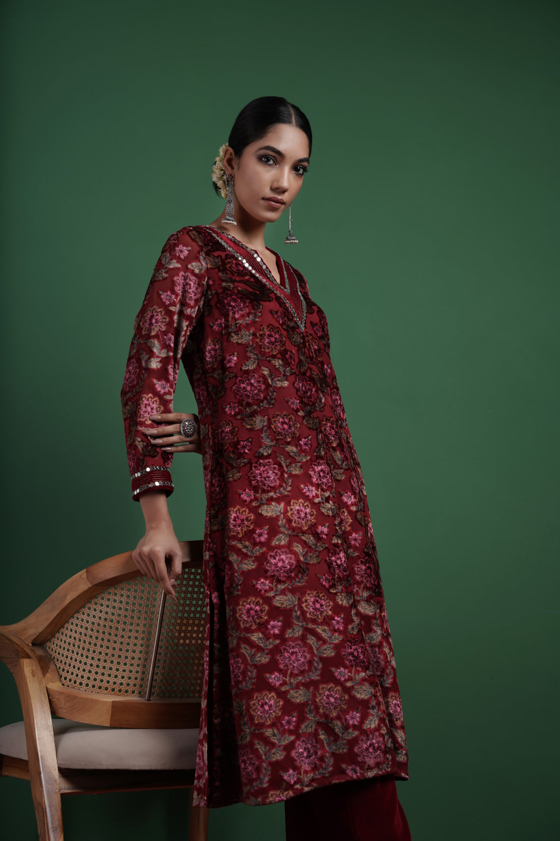 Maroon Velvet Gul Bahaar Co-ord Set With Mirror Work