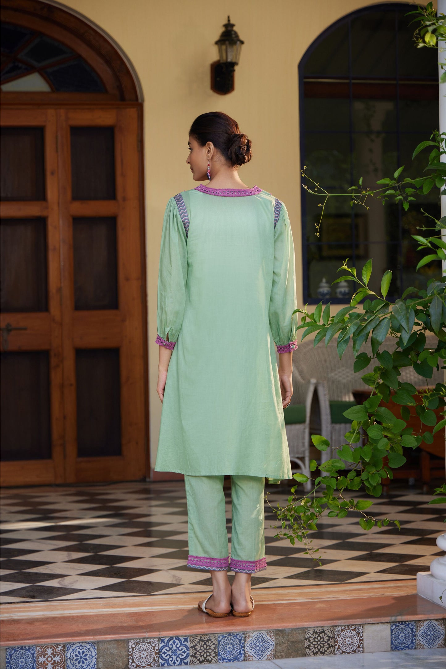 Mint green Chevron Print Front Gathered A-Line Kurta with Straight Pant - Set of 3 MINT